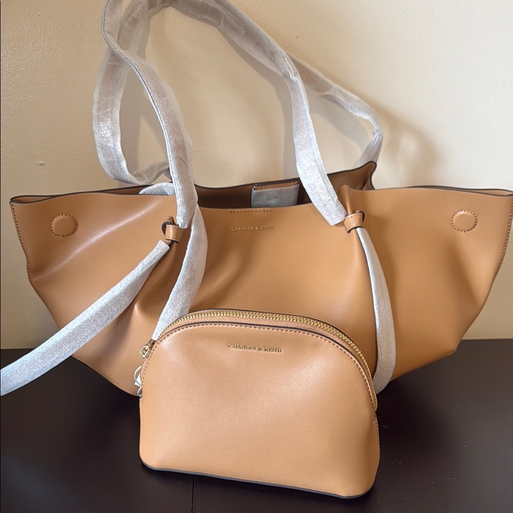 Charles & Keith Calla Tote Bag - Toffee Tan Tote and Pouch Set